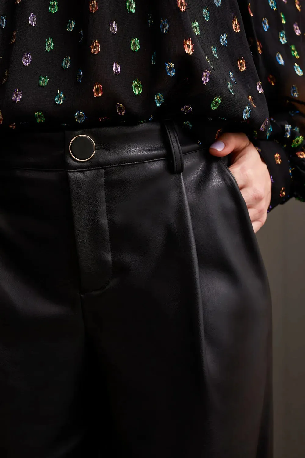 Tribal Faux Leather Wide Leg Trouser Black