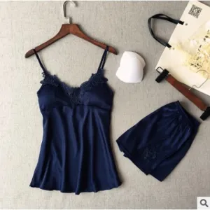 V simulation silk pajamas suspenders shorts home service