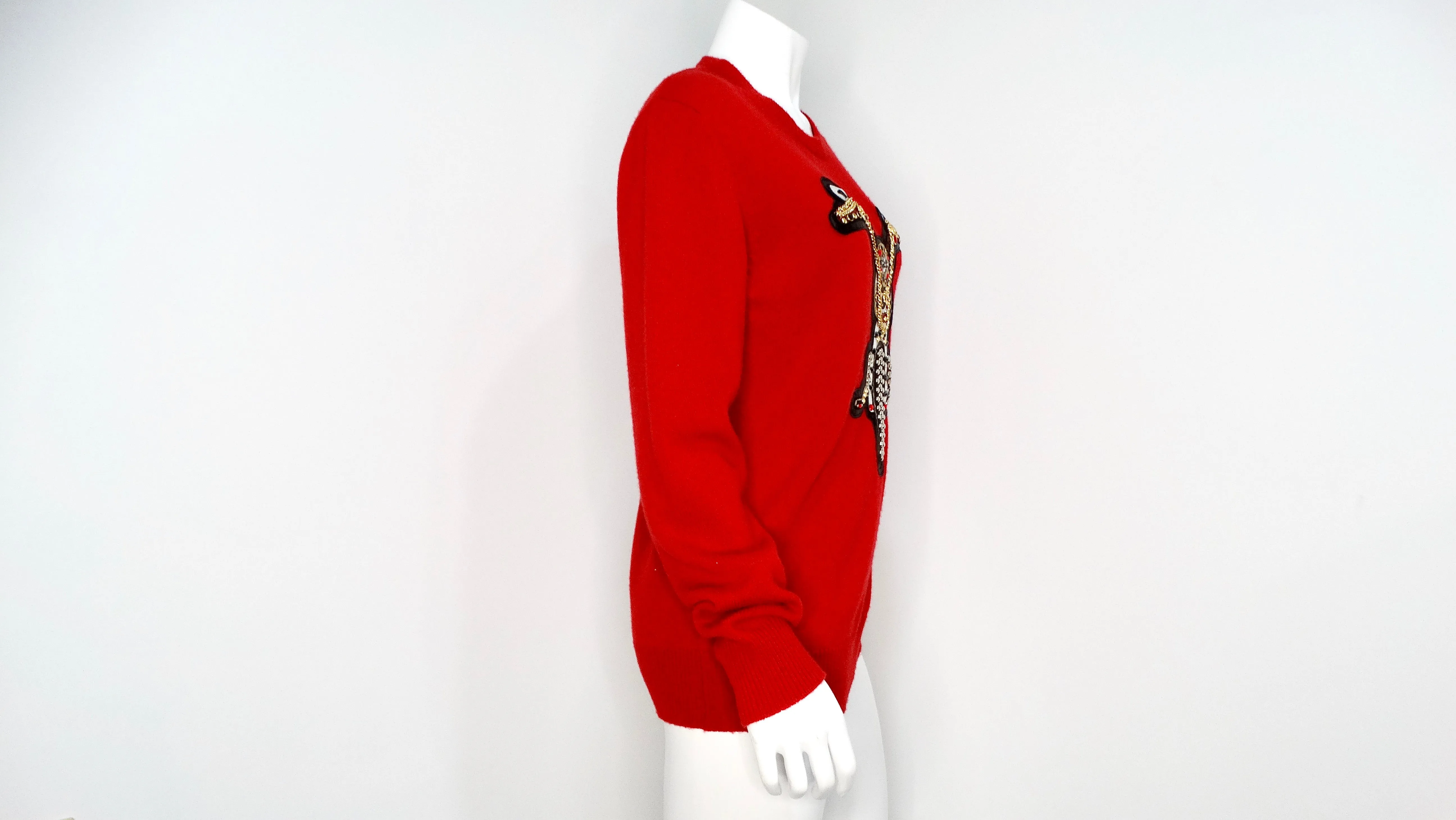 Versace 2014 Runway Red Cashmere Embellished Motorcycle Motif Crewneck Sweater