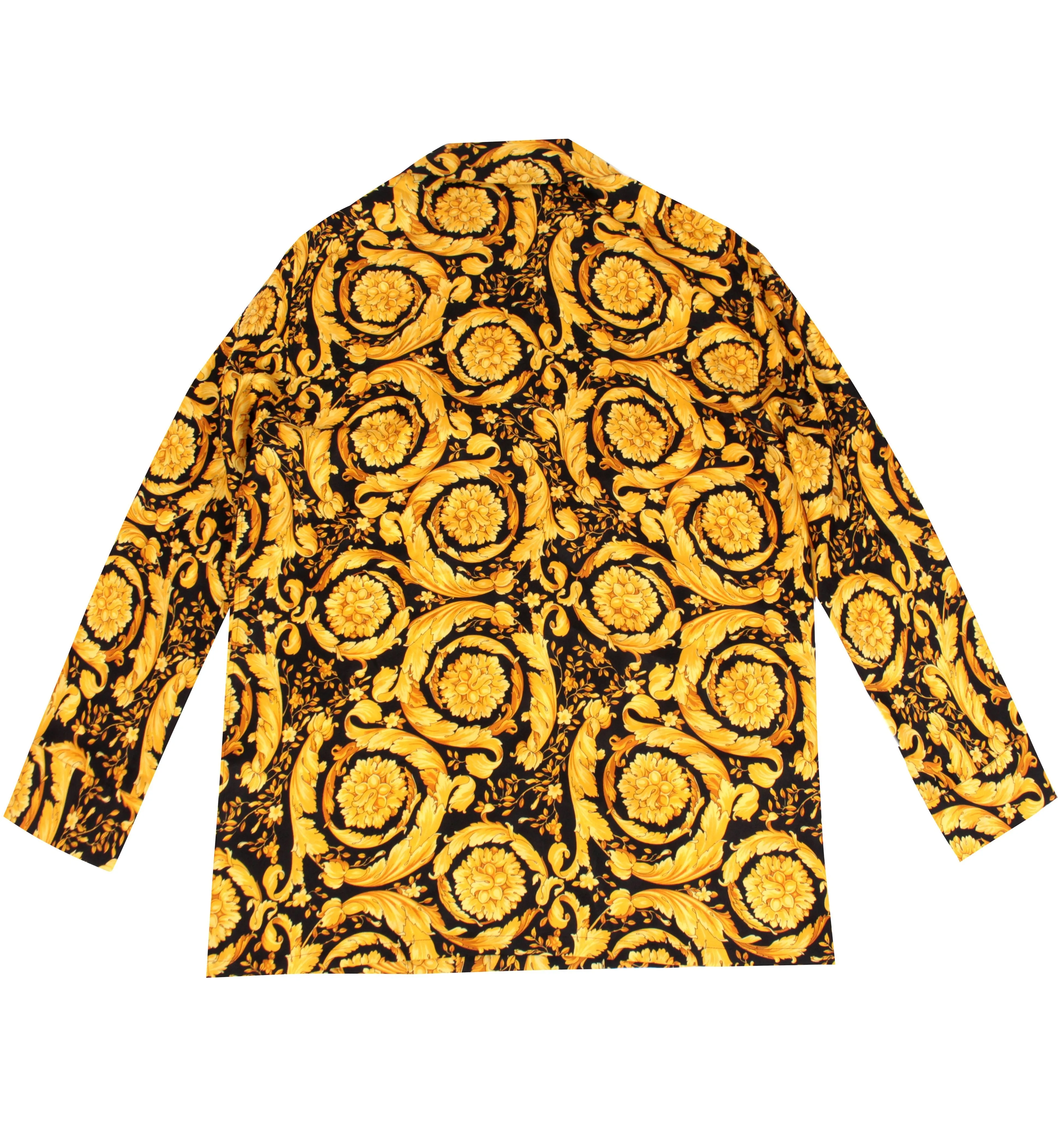 Versace Silk Button Down W/ Baroque Print - Black & Gold
