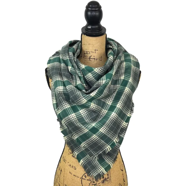 Warm Dark Grey, Emerald and Creamy White Luxe Collection Plaid Infinity and Blanket Scarves
