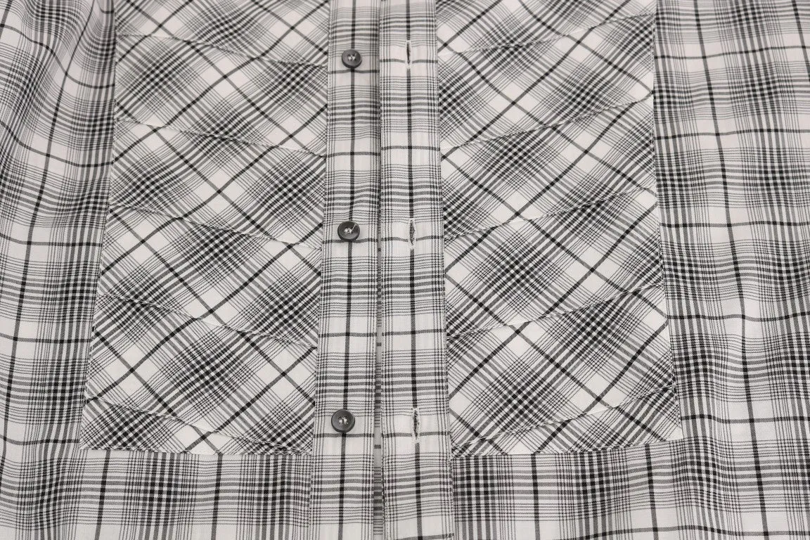 White Gray Check Cotton GOLD Slim Shirt