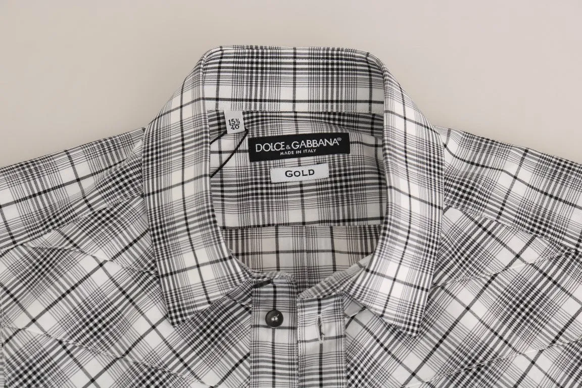White Gray Check Cotton GOLD Slim Shirt