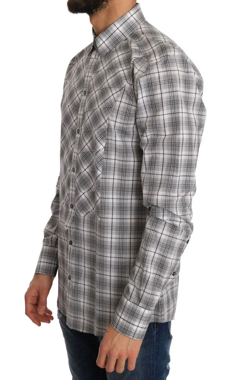 White Gray Check Cotton GOLD Slim Shirt