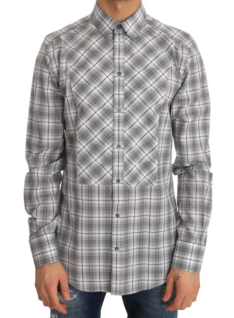 White Gray Check Cotton GOLD Slim Shirt