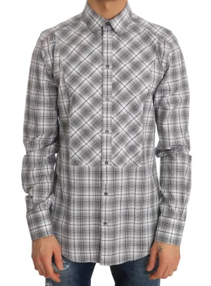White Gray Check Cotton GOLD Slim Shirt