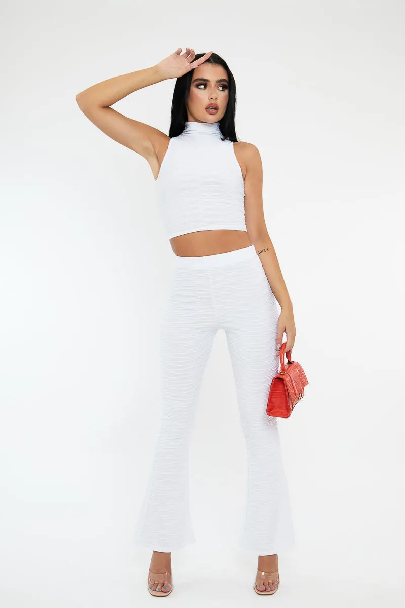 White High Neck Crop Top & Flare Pants Set - Dailyn