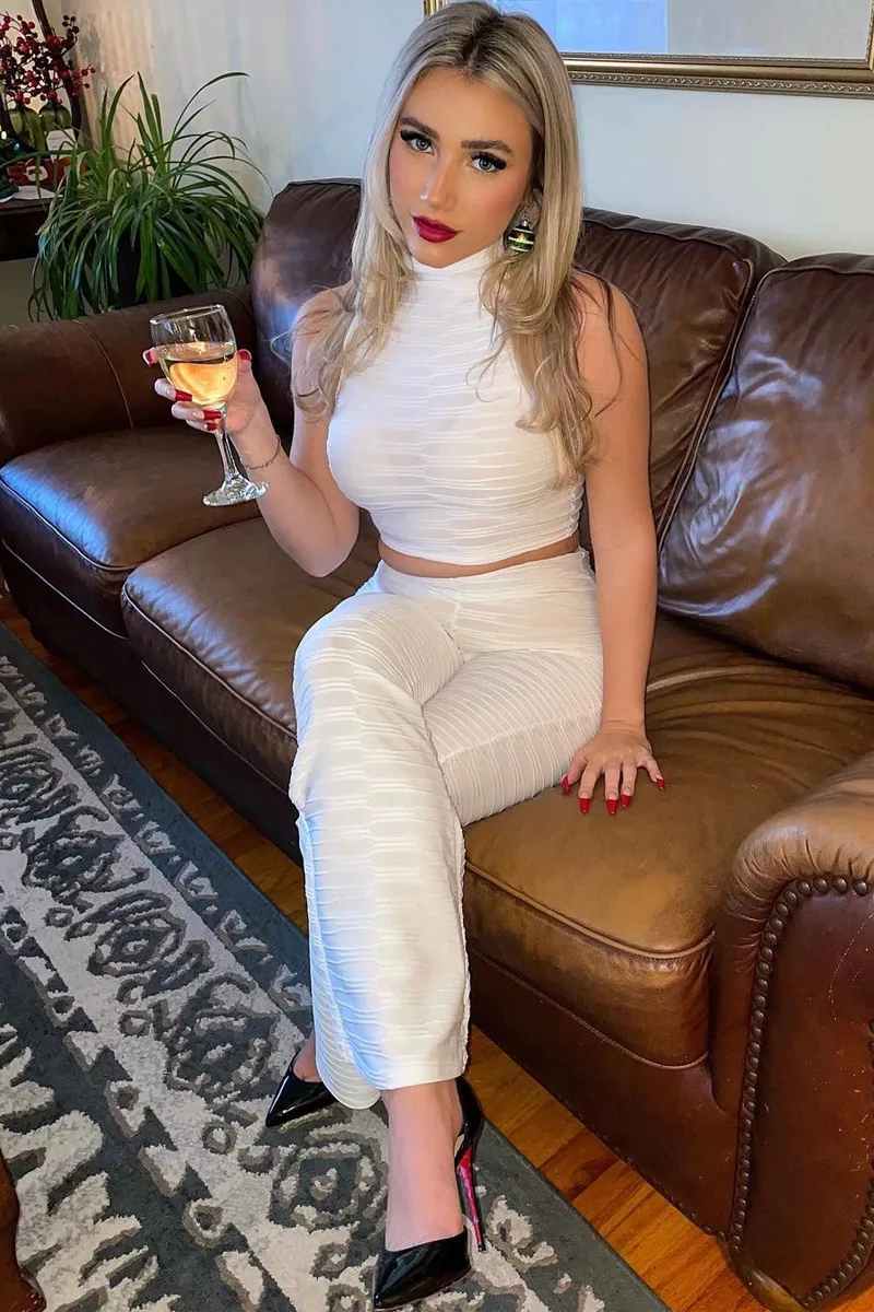 White High Neck Crop Top & Flare Pants Set - Dailyn