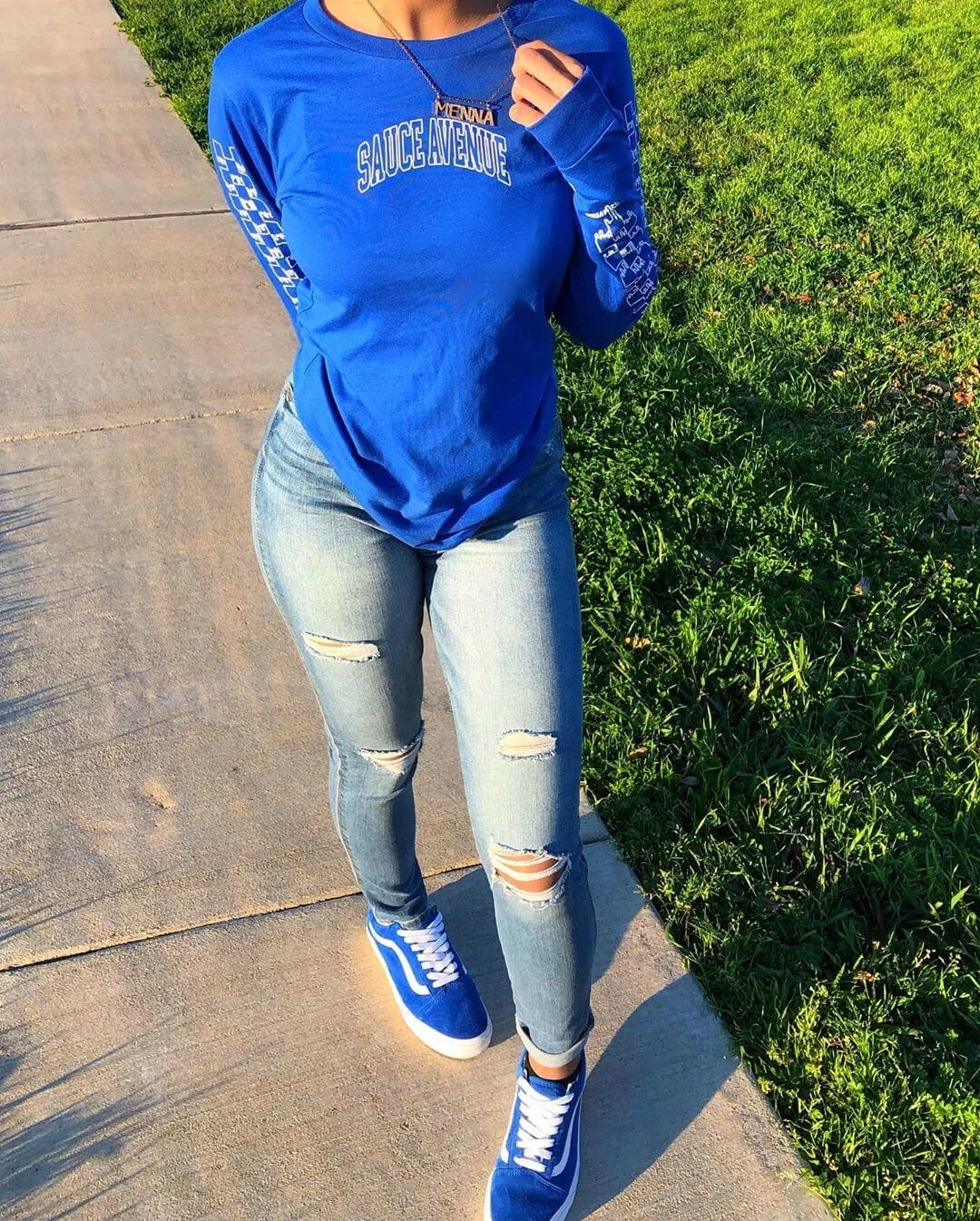 White SA Curve Outline | Blue Long Sleeve Tee (Outline Checkered Drippin Sleeve)
