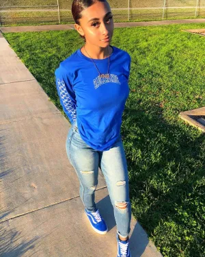 White SA Curve Outline | Blue Long Sleeve Tee (Outline Checkered Drippin Sleeve)