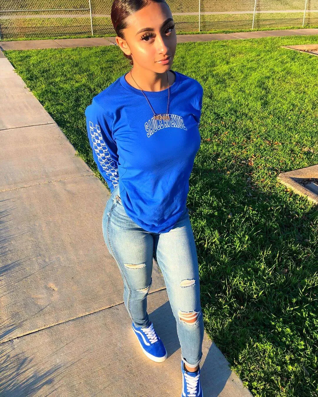 White SA Curve Outline | Blue Long Sleeve Tee (Outline Checkered Drippin Sleeve)
