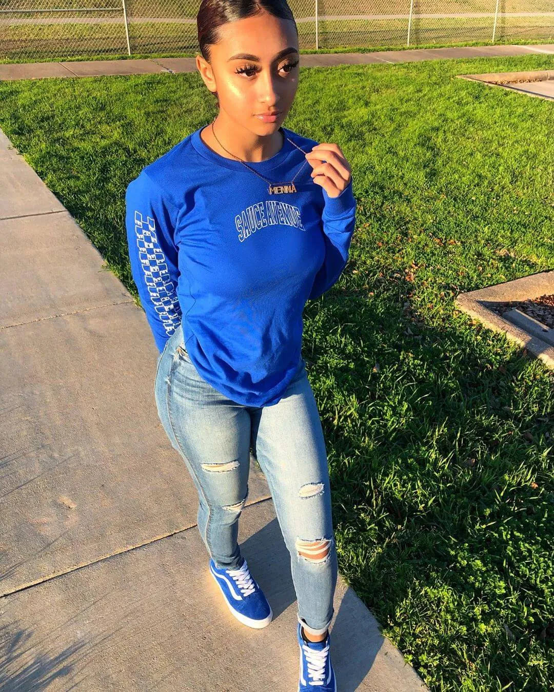 White SA Curve Outline | Blue Long Sleeve Tee (Outline Checkered Drippin Sleeve)