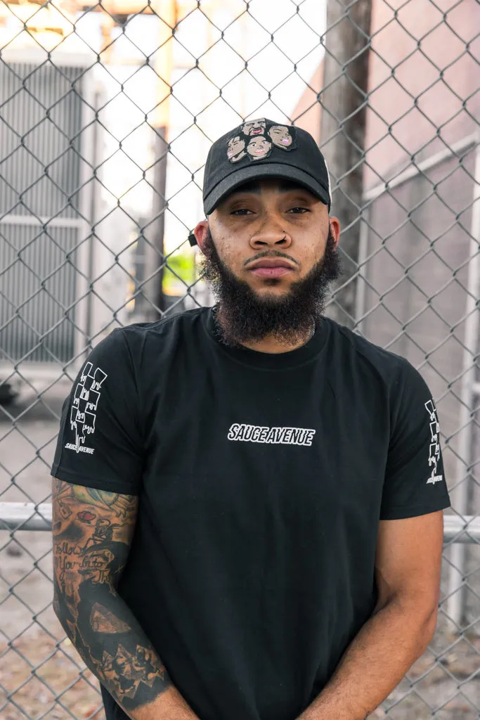 White SA Outline | Black Tee (Outline Checkered Drippin Sleeves)