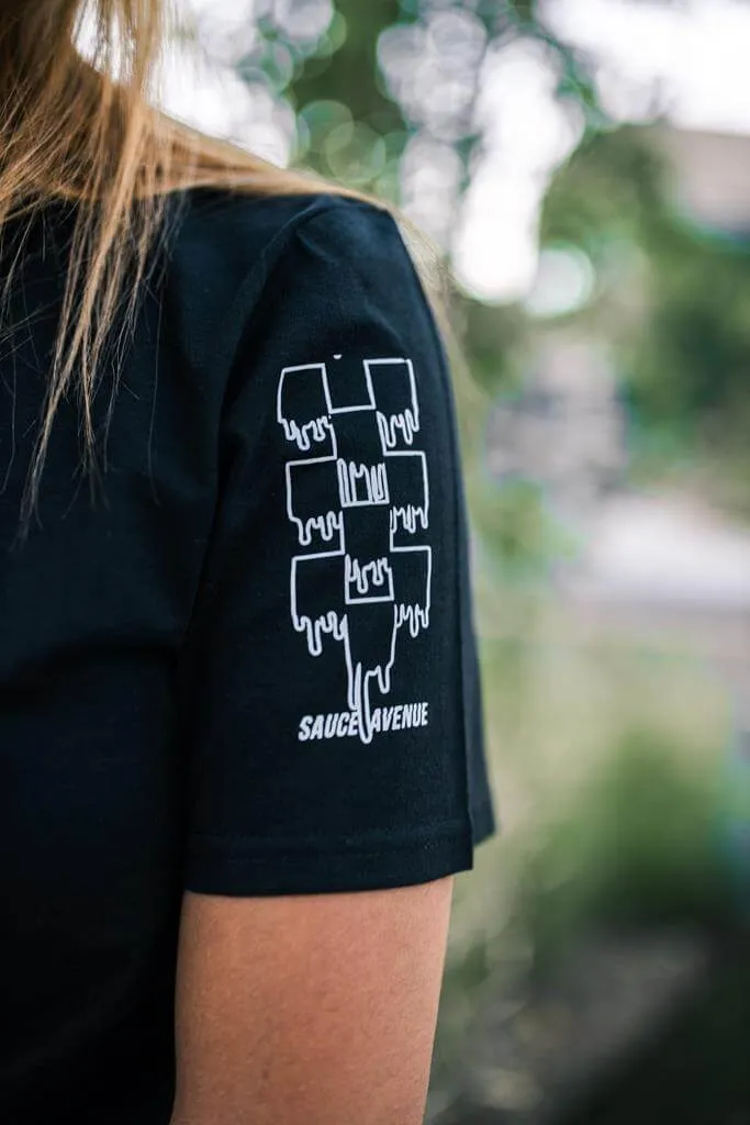 White SA Outline | Black Tee (Outline Checkered Drippin Sleeves)