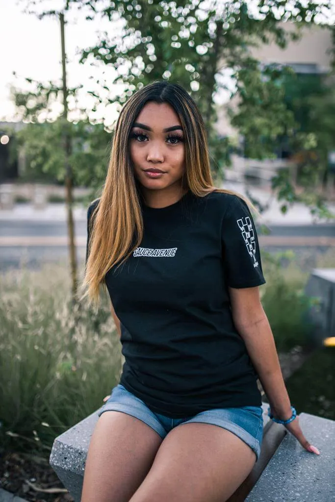 White SA Outline | Black Tee (Outline Checkered Drippin Sleeves)