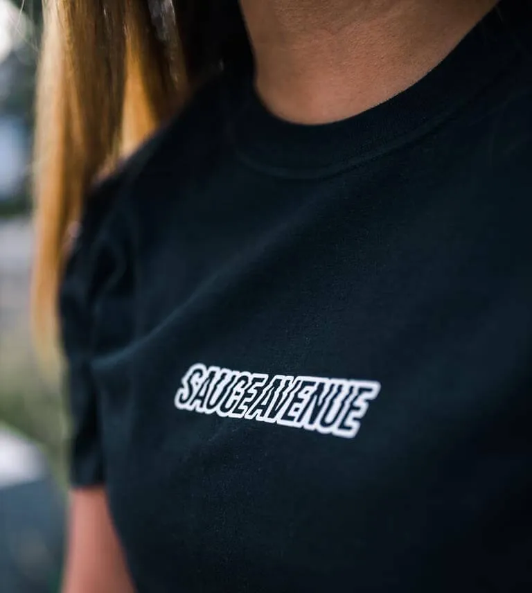 White SA Outline | Black Tee (Outline Checkered Drippin Sleeves)