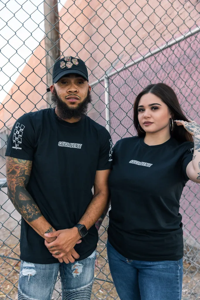 White SA Outline | Black Tee (Outline Checkered Drippin Sleeves)