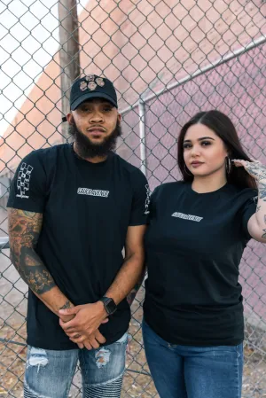 White SA Outline | Black Tee (Outline Checkered Drippin Sleeves)