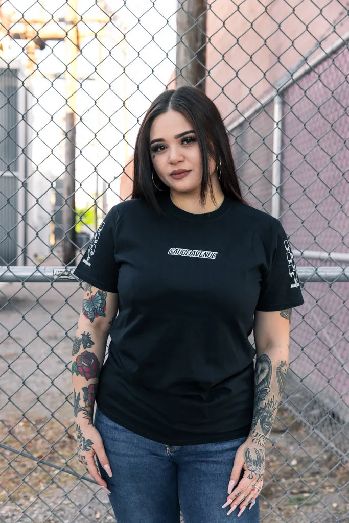 White SA Outline | Black Tee (Outline Checkered Drippin Sleeves)