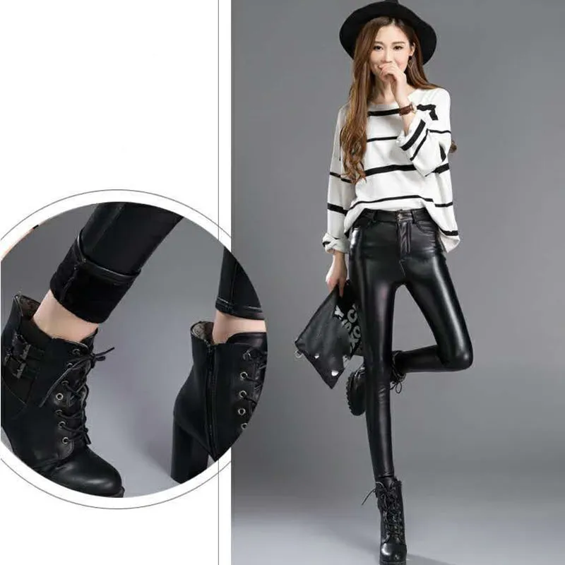 Winter Faux Leather Pants Women High Waist Skinny Pants