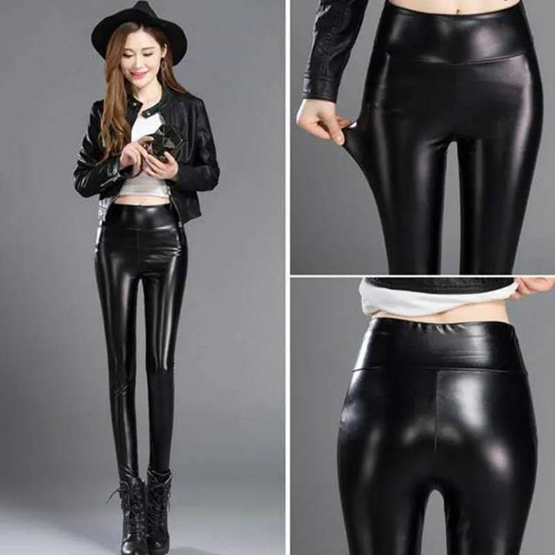 Winter Faux Leather Pants Women High Waist Skinny Pants