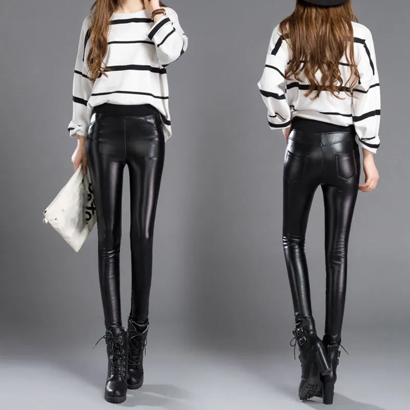 Winter Faux Leather Pants Women High Waist Skinny Pants