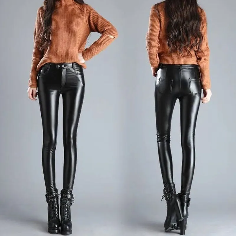 Winter Faux Leather Pants Women High Waist Skinny Pants
