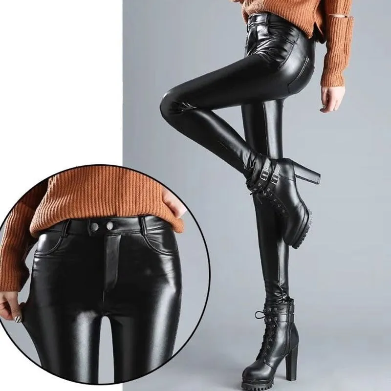 Winter Faux Leather Pants Women High Waist Skinny Pants