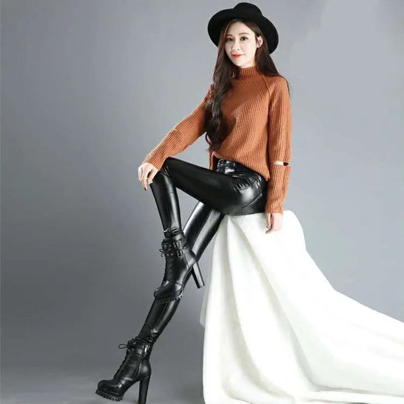 Winter Faux Leather Pants Women High Waist Skinny Pants