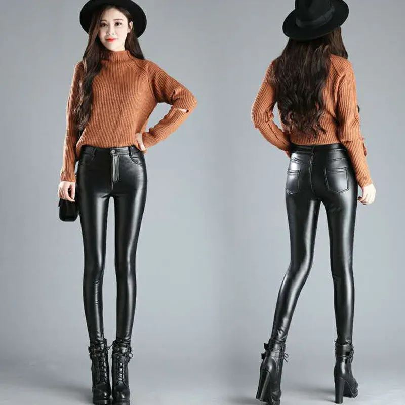 Winter Faux Leather Pants Women High Waist Skinny Pants
