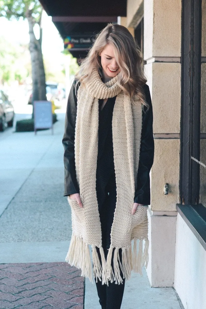 Winter Long Knit Scarf with Pockets Ivory Beige