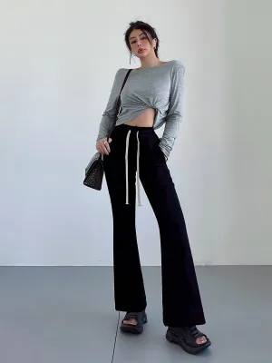 Women Elastic High-waist Slightly Flared Plush Pants Casual Sweat Pants