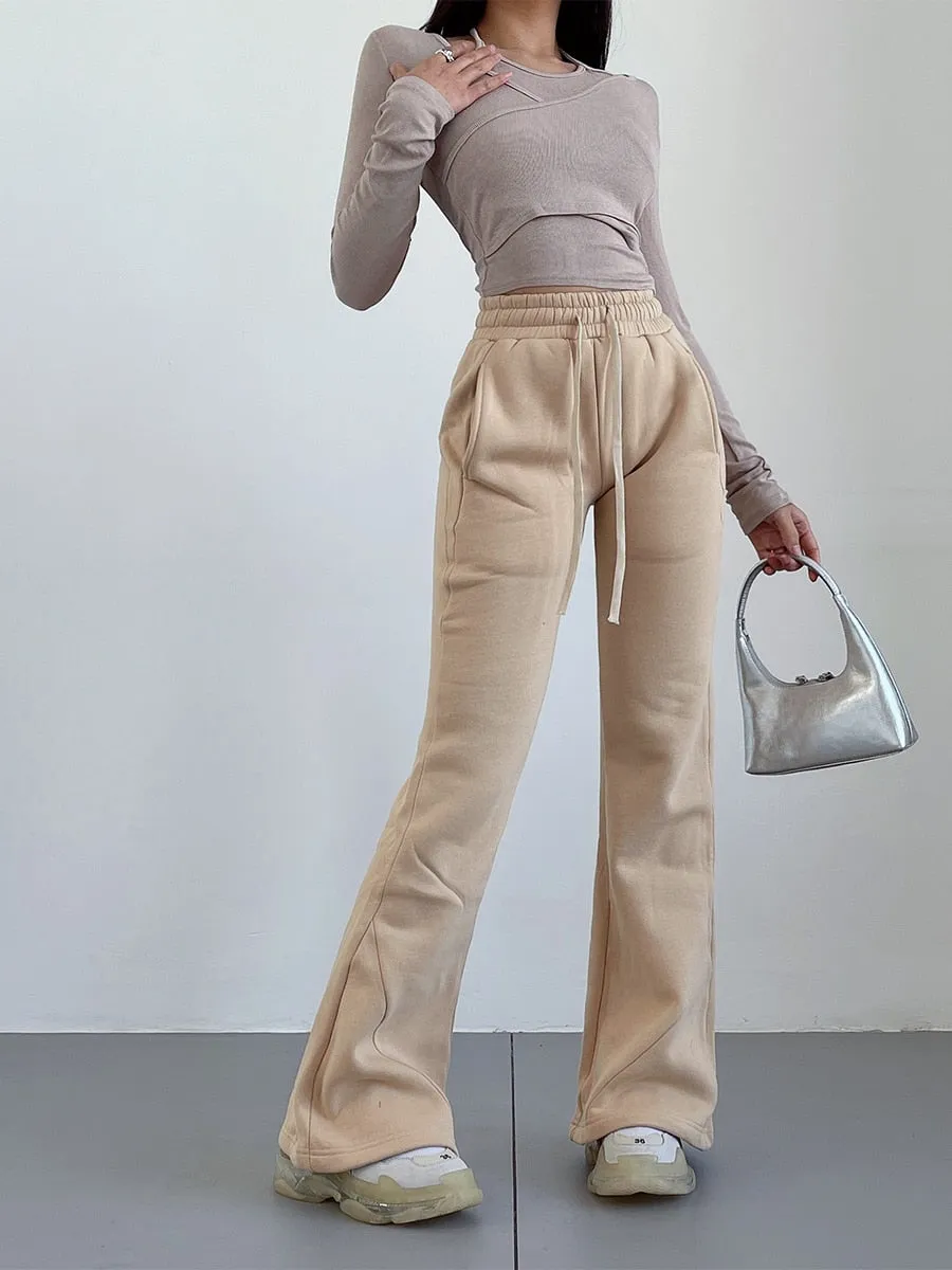 Women Elastic High-waist Slightly Flared Plush Pants Casual Sweat Pants