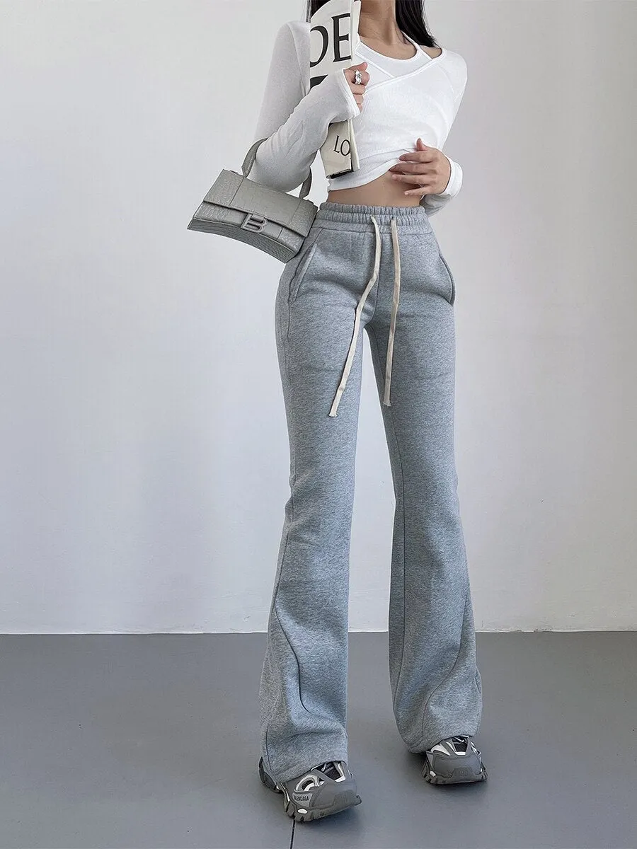 Women Elastic High-waist Slightly Flared Plush Pants Casual Sweat Pants