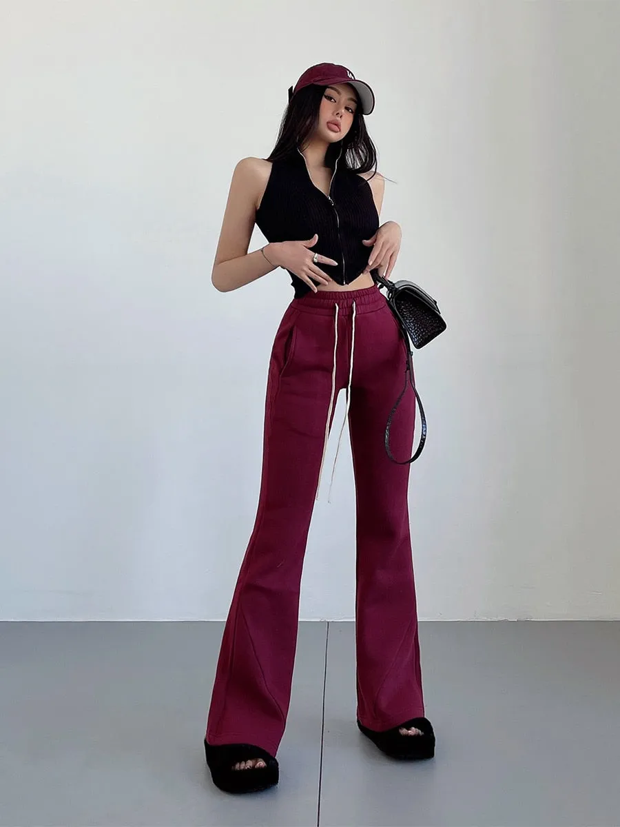 Women Elastic High-waist Slightly Flared Plush Pants Casual Sweat Pants