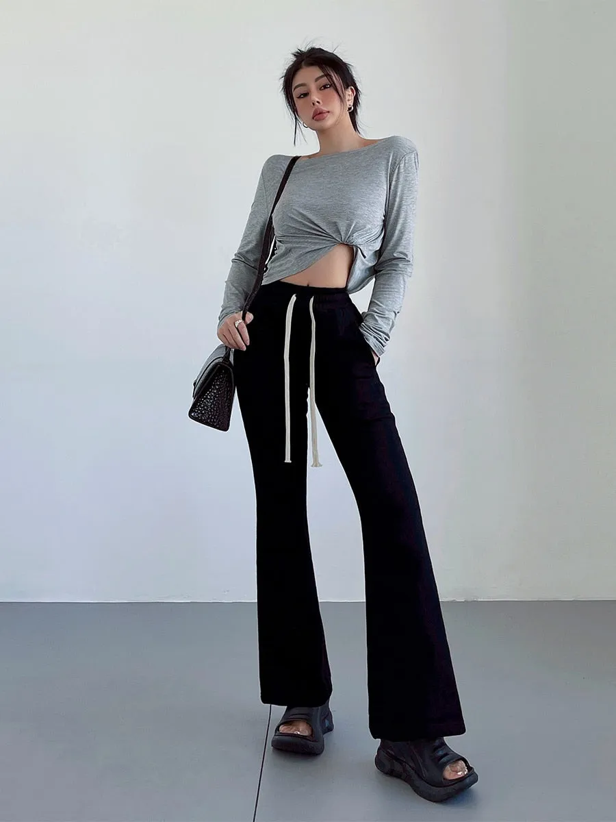 Women Elastic High-waist Slightly Flared Plush Pants Casual Sweat Pants