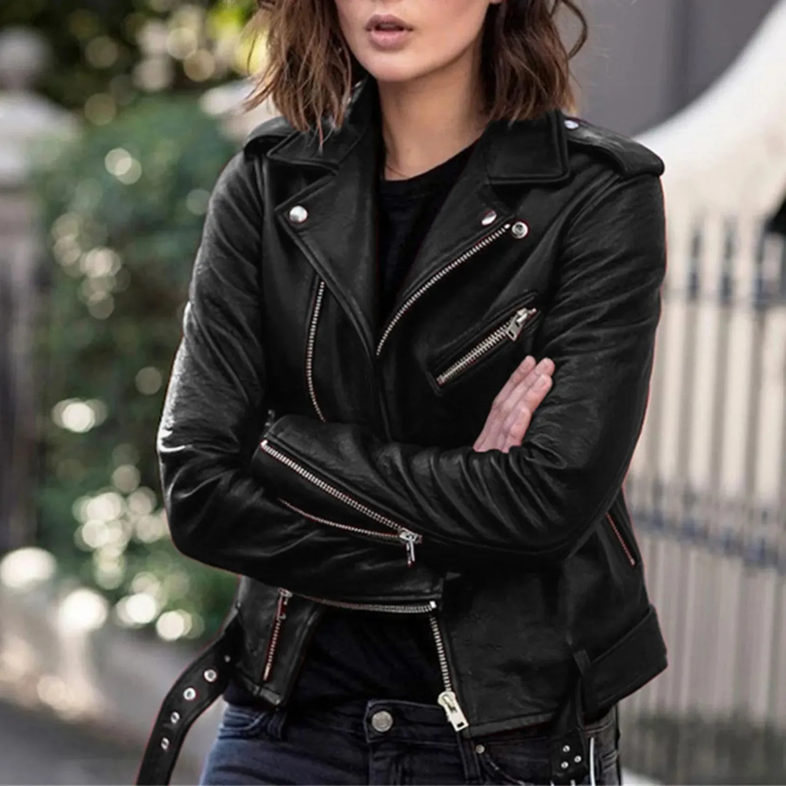 Womens Casual Fall Jackets Women Plus Size Fashion Faux Leather Jacket Long Sleeve Zipper Fitted House Coat Women Plus Size 자켓