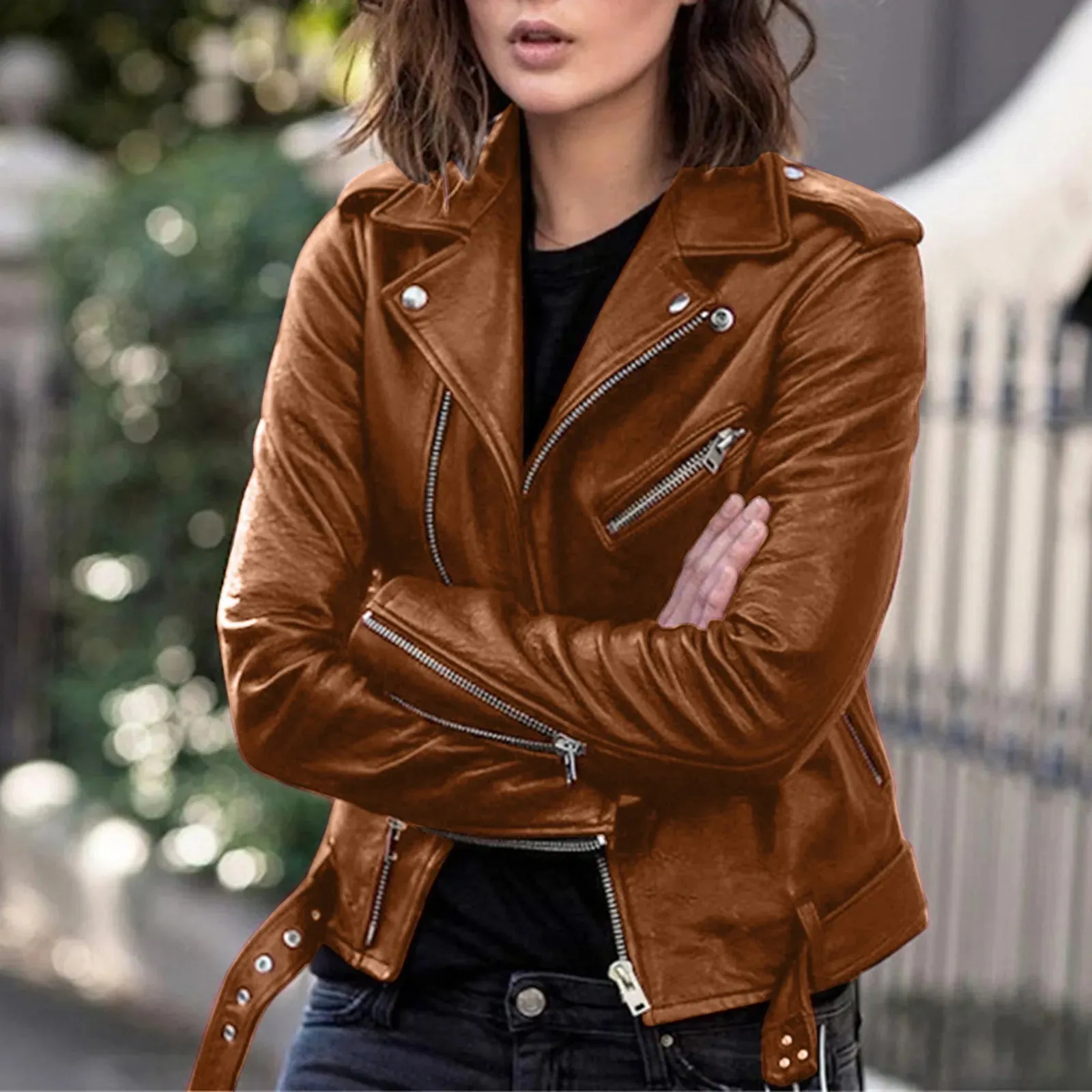 Womens Casual Fall Jackets Women Plus Size Fashion Faux Leather Jacket Long Sleeve Zipper Fitted House Coat Women Plus Size 자켓