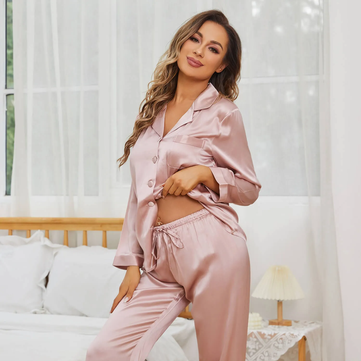 Womens Long Silk Pajamas Set Classic Luxury Silk Sleepwear