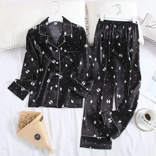 Women’s Long Sleeve Ice Silk Pajamas  Set