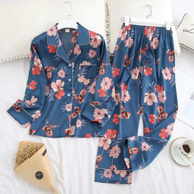 Women’s Long Sleeve Ice Silk Pajamas  Set