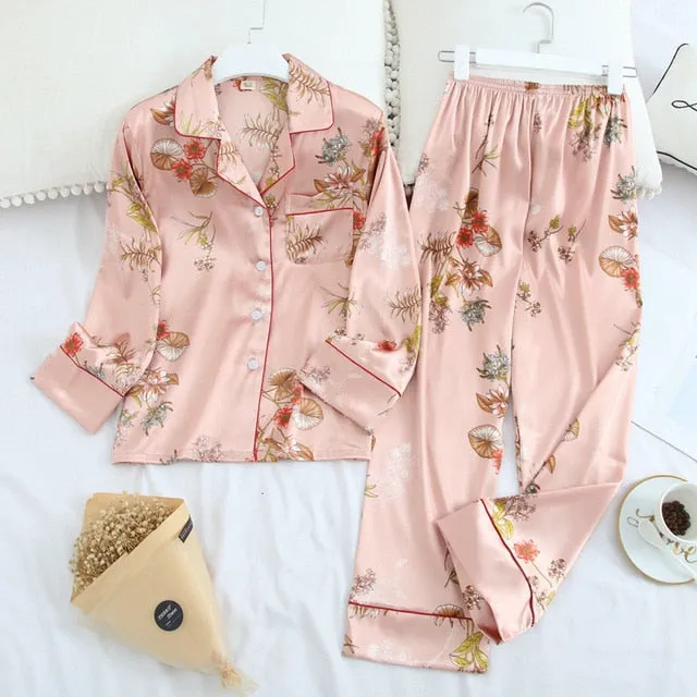 Women’s Long Sleeve Ice Silk Pajamas  Set