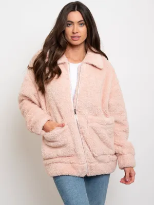 WOMEN'S OVERSIZED ZIP UP TEDDY TRUCKER JACKET
