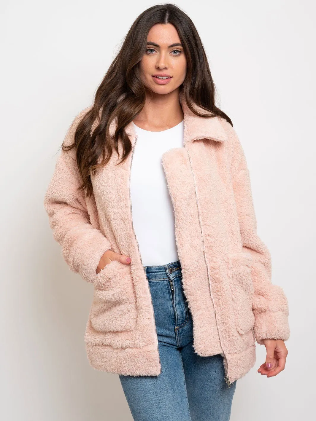WOMEN'S OVERSIZED ZIP UP TEDDY TRUCKER JACKET