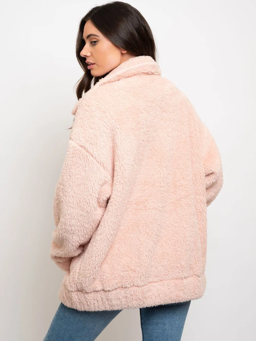 WOMEN'S OVERSIZED ZIP UP TEDDY TRUCKER JACKET