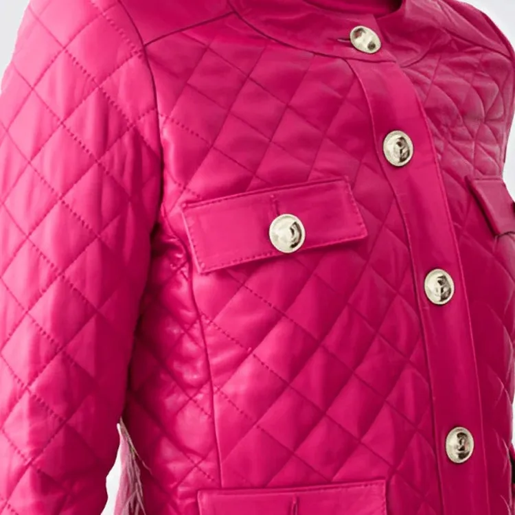 Women's Pink Quilted Trucker Leather Jacket