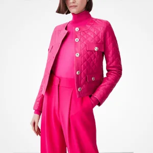 Women's Pink Quilted Trucker Leather Jacket