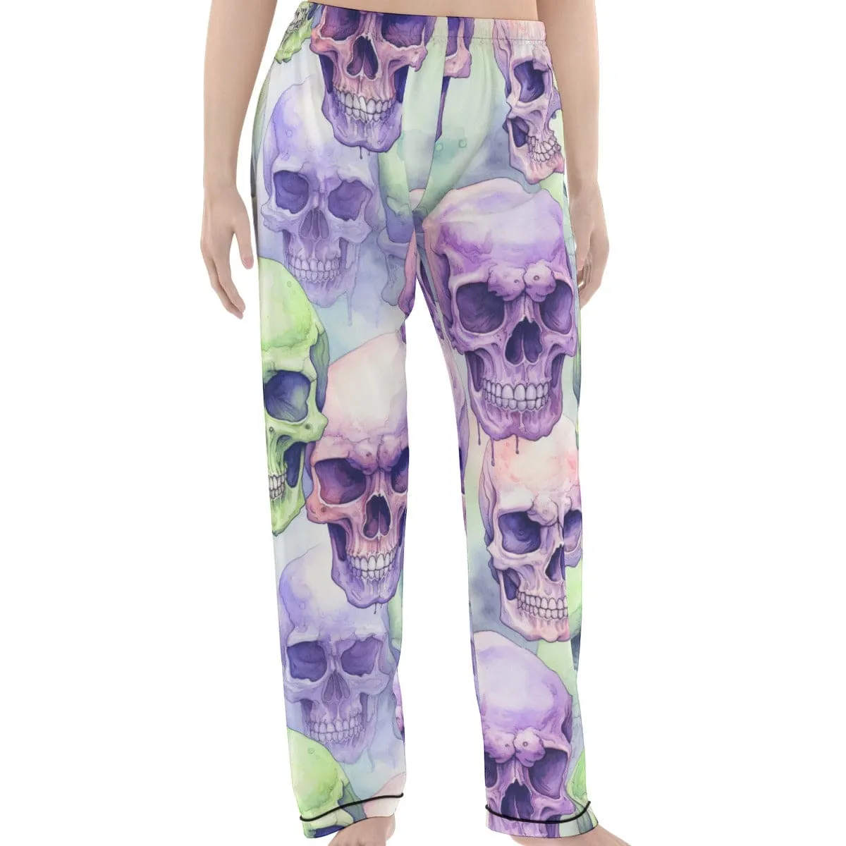 Women's Purple Green Skulls Silk Pajama Set