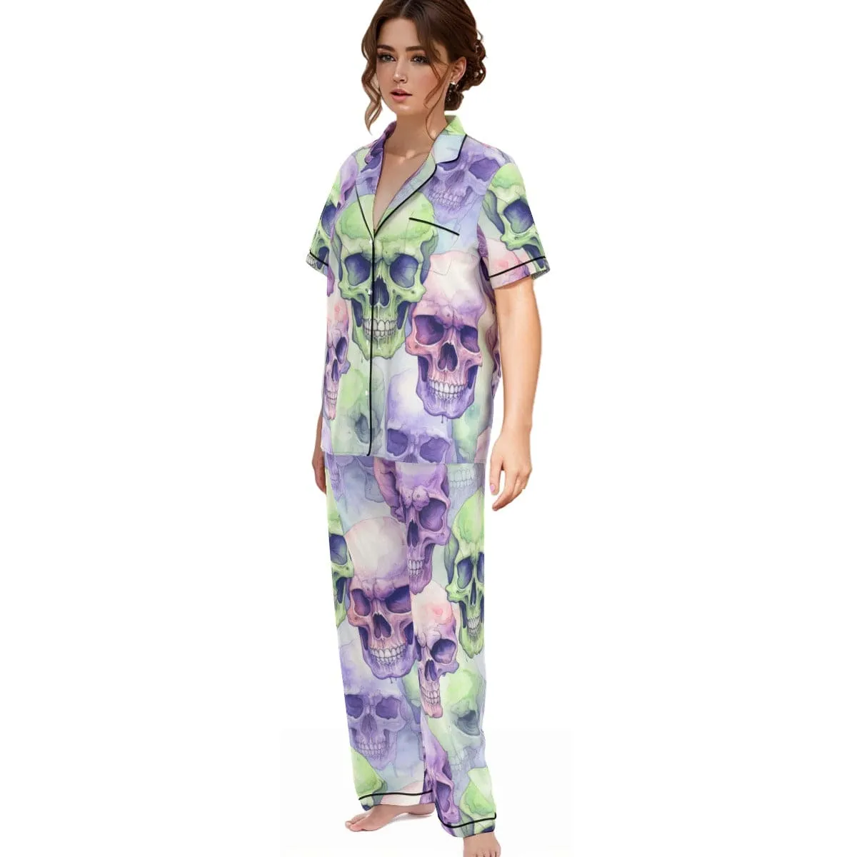 Women's Purple Green Skulls Silk Pajama Set