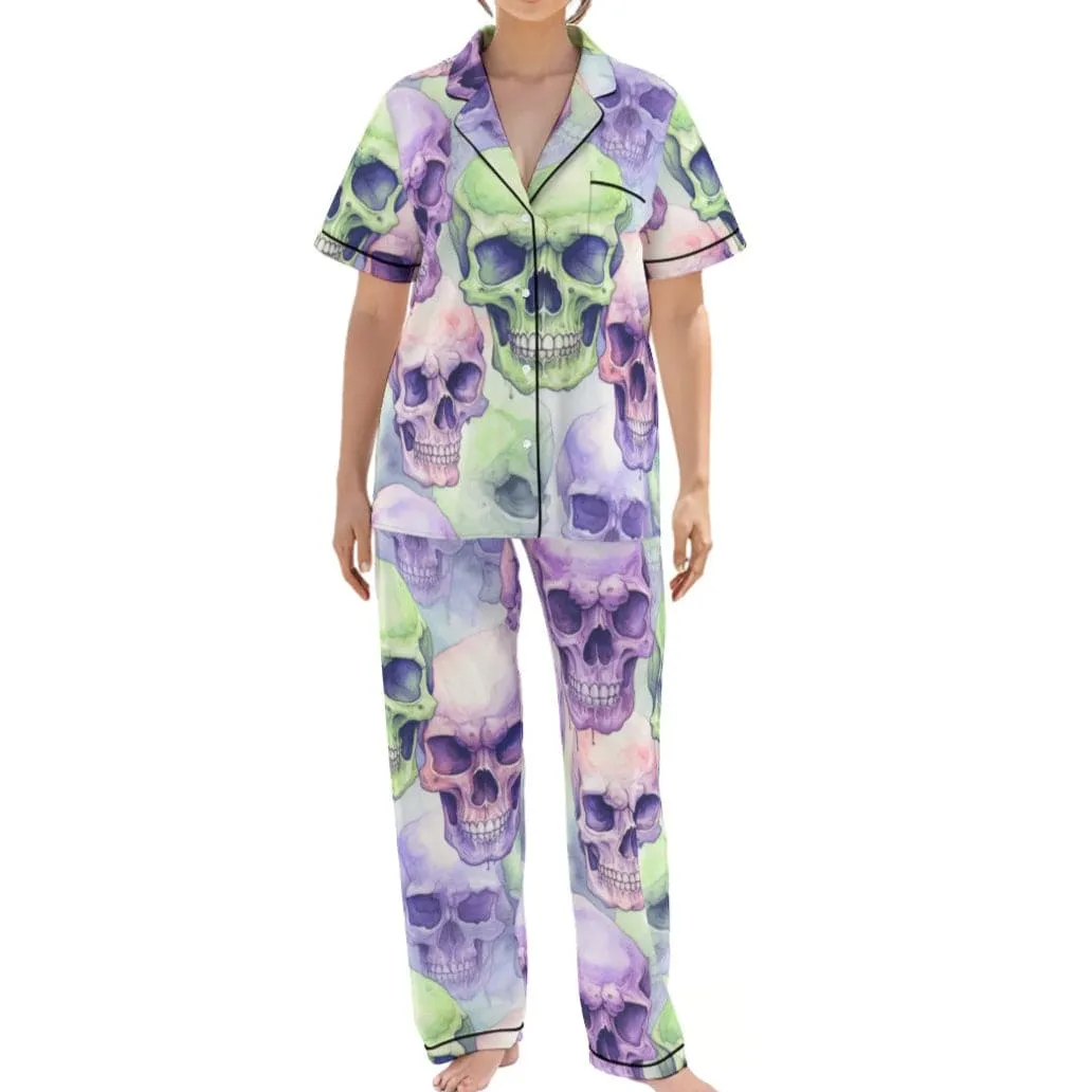 Women's Purple Green Skulls Silk Pajama Set